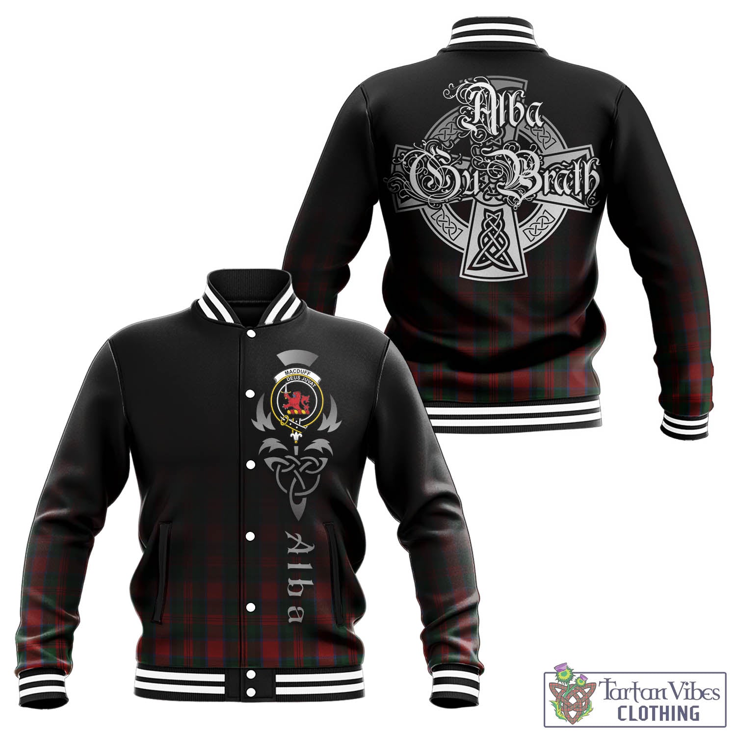 Tartan Vibes Clothing MacDuff Tartan Baseball Jacket Featuring Alba Gu Brath Family Crest Celtic Inspired