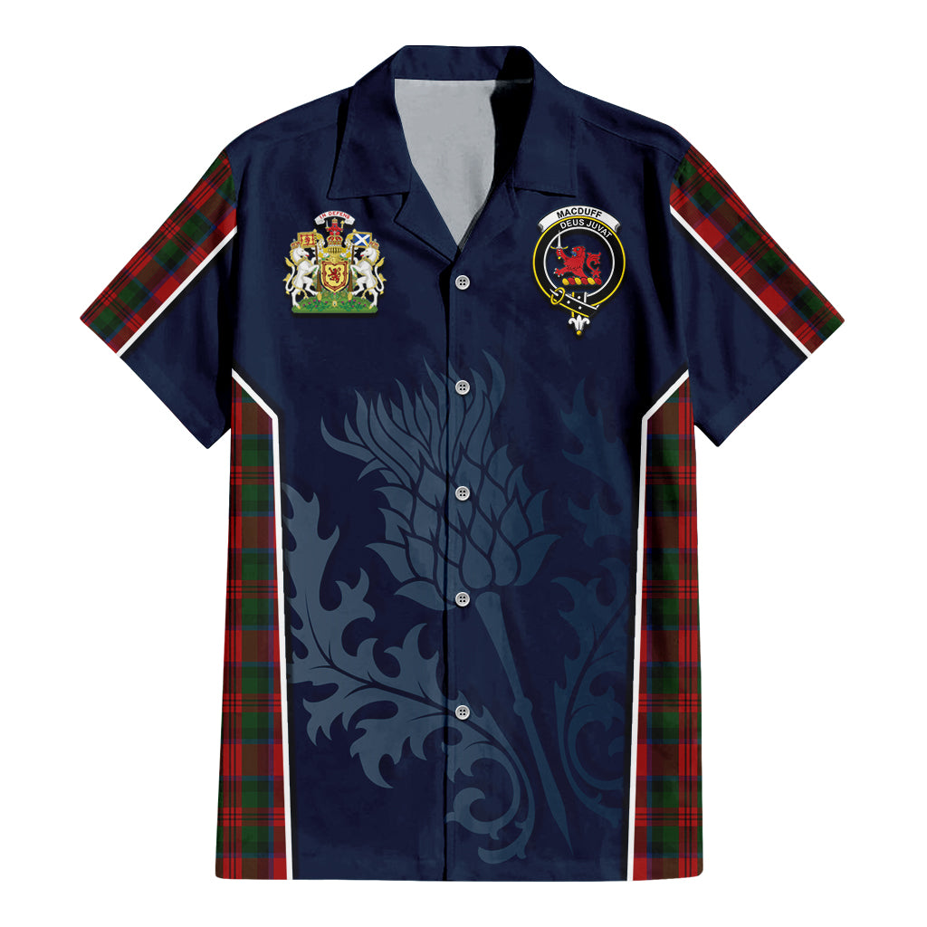 Tartan Vibes Clothing MacDuff Tartan Short Sleeve Button Up Shirt with Family Crest and Scottish Thistle Vibes Sport Style