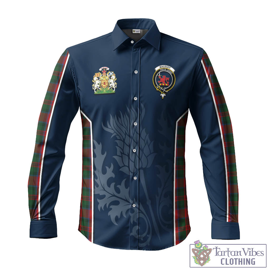 Tartan Vibes Clothing MacDuff Tartan Long Sleeve Button Up Shirt with Family Crest and Scottish Thistle Vibes Sport Style