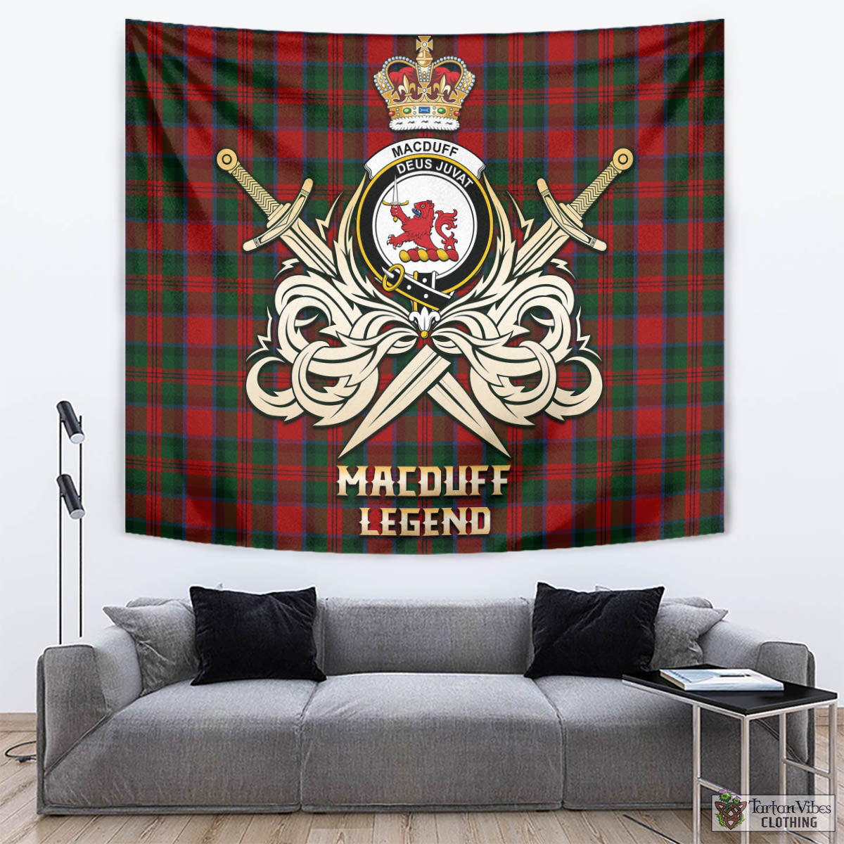 Tartan Vibes Clothing MacDuff Tartan Tapestry with Clan Crest and the Golden Sword of Courageous Legacy