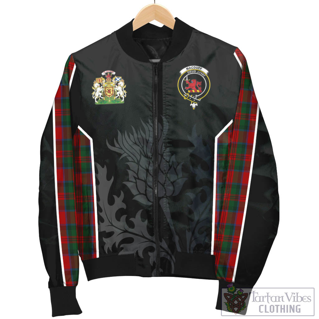 Tartan Vibes Clothing MacDuff Tartan Bomber Jacket with Family Crest and Scottish Thistle Vibes Sport Style