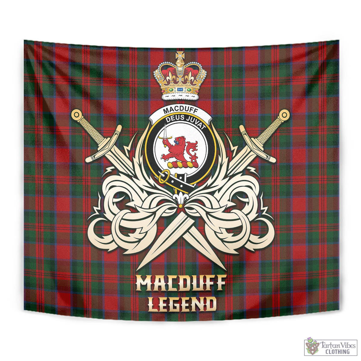 Tartan Vibes Clothing MacDuff Tartan Tapestry with Clan Crest and the Golden Sword of Courageous Legacy