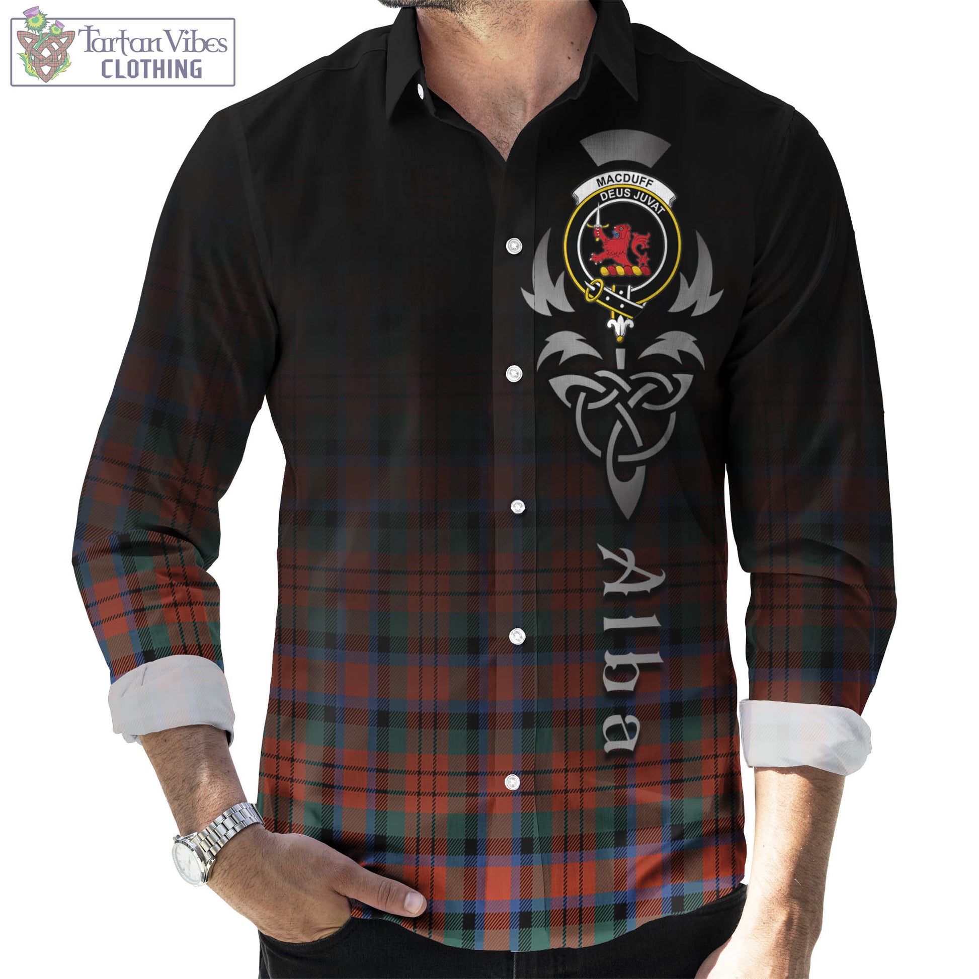 Tartan Vibes Clothing MacDuff Ancient Tartan Long Sleeve Button Up Featuring Alba Gu Brath Family Crest Celtic Inspired