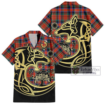 MacDuff Ancient Tartan Short Sleeve Button Shirt with Family Crest Celtic Wolf Style