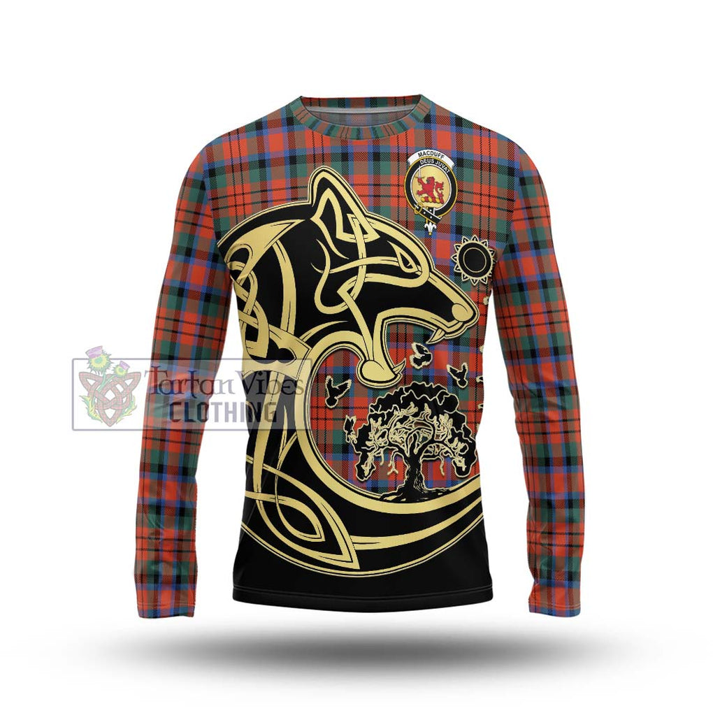 MacDuff Ancient Tartan Long Sleeve T-Shirt with Family Crest Celtic Wolf Style Unisex - Tartan Vibes Clothing