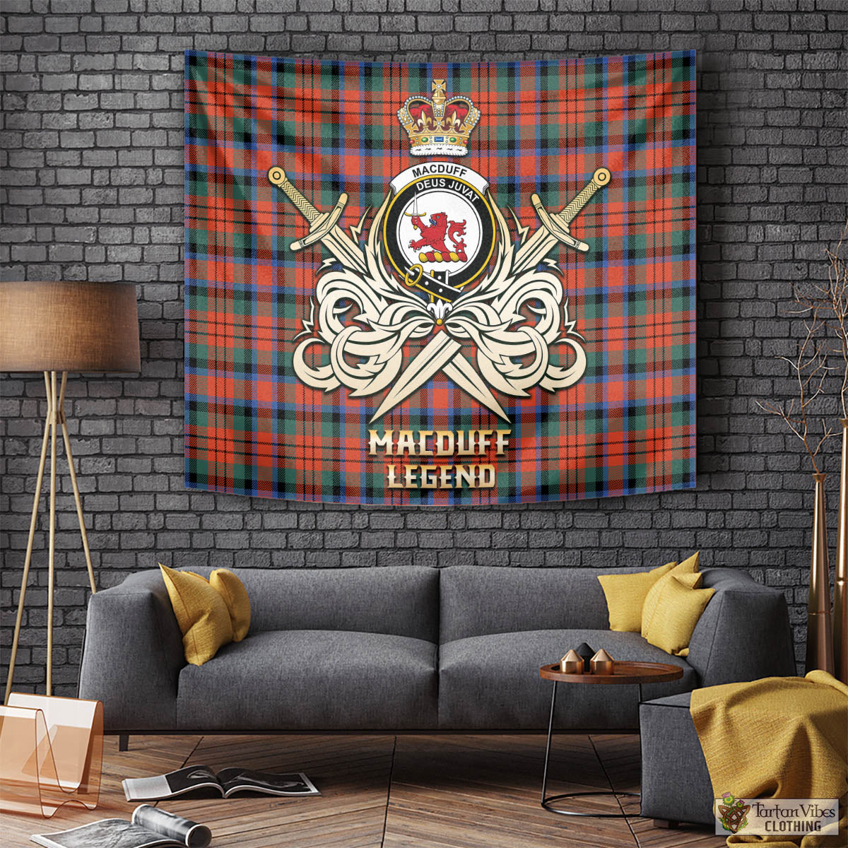 Tartan Vibes Clothing MacDuff Ancient Tartan Tapestry with Clan Crest and the Golden Sword of Courageous Legacy