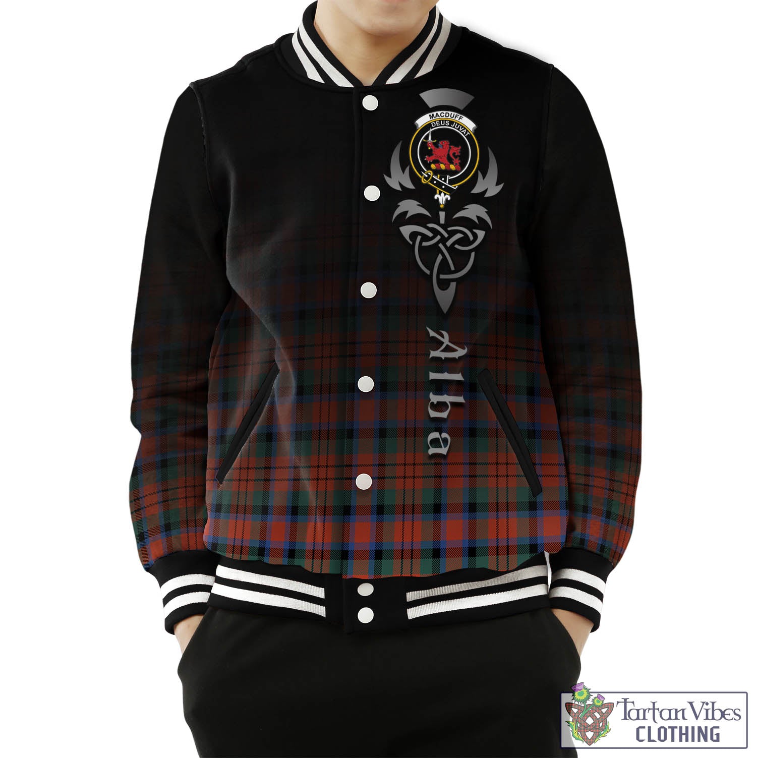 Tartan Vibes Clothing MacDuff Ancient Tartan Baseball Jacket Featuring Alba Gu Brath Family Crest Celtic Inspired