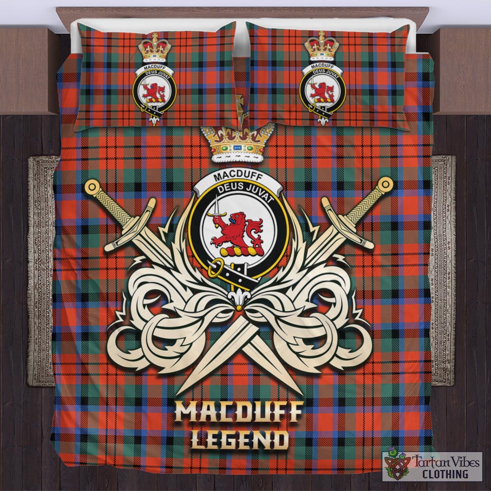 Tartan Vibes Clothing MacDuff Ancient Tartan Bedding Set with Clan Crest and the Golden Sword of Courageous Legacy