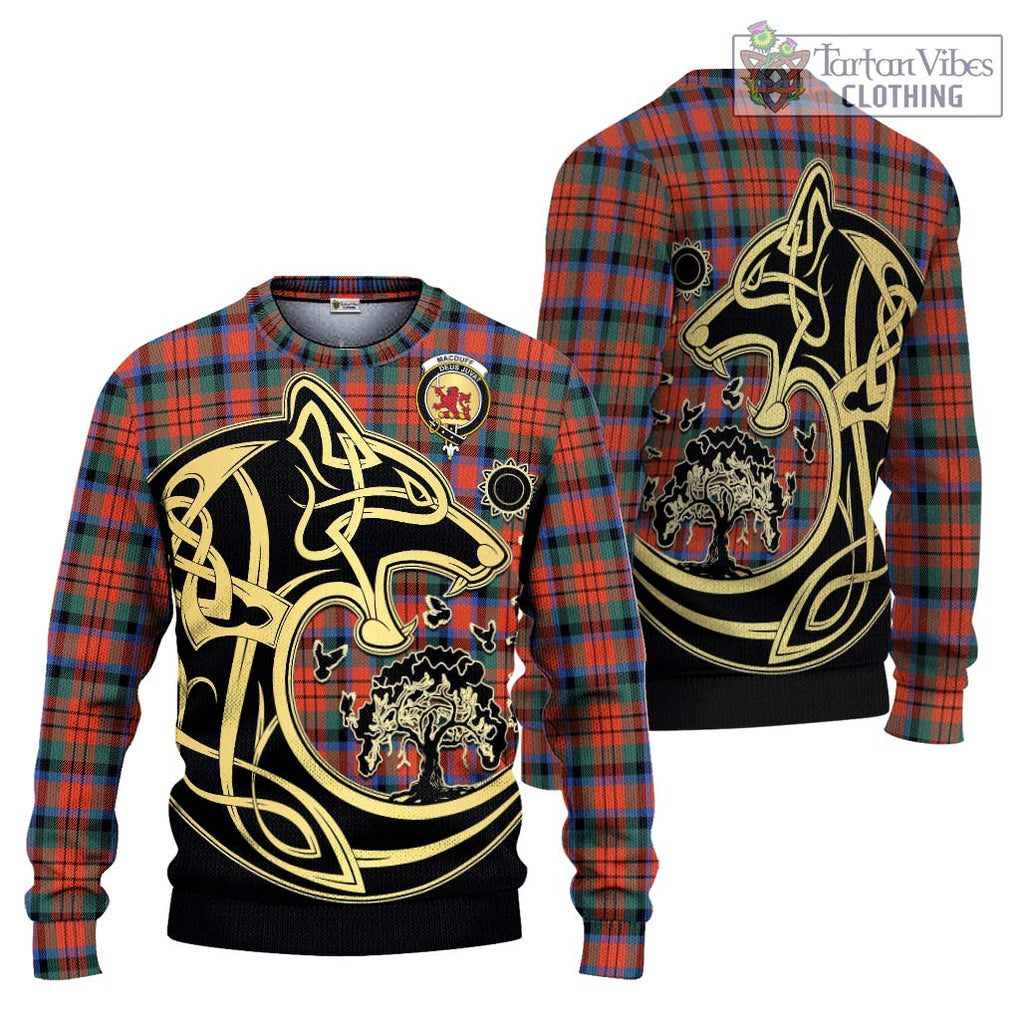 MacDuff Ancient Tartan Knitted Sweater with Family Crest Celtic Wolf Style Unisex - Tartan Vibes Clothing