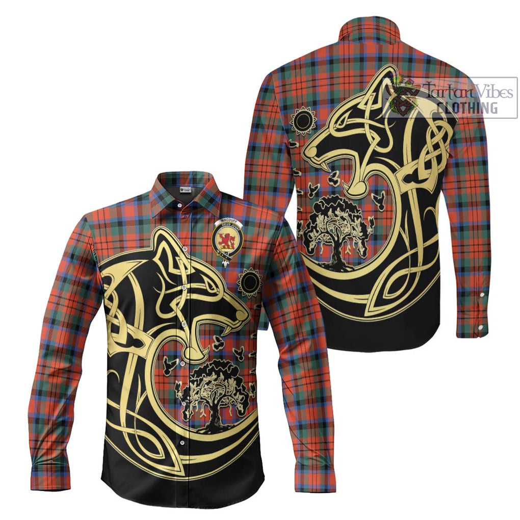 MacDuff Ancient Tartan Long Sleeve Button Shirt with Family Crest Celtic Wolf Style Men's Shirt S - Tartan Vibes Clothing