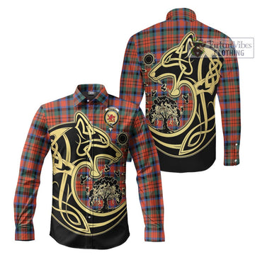 MacDuff Ancient Tartan Long Sleeve Button Shirt with Family Crest Celtic Wolf Style