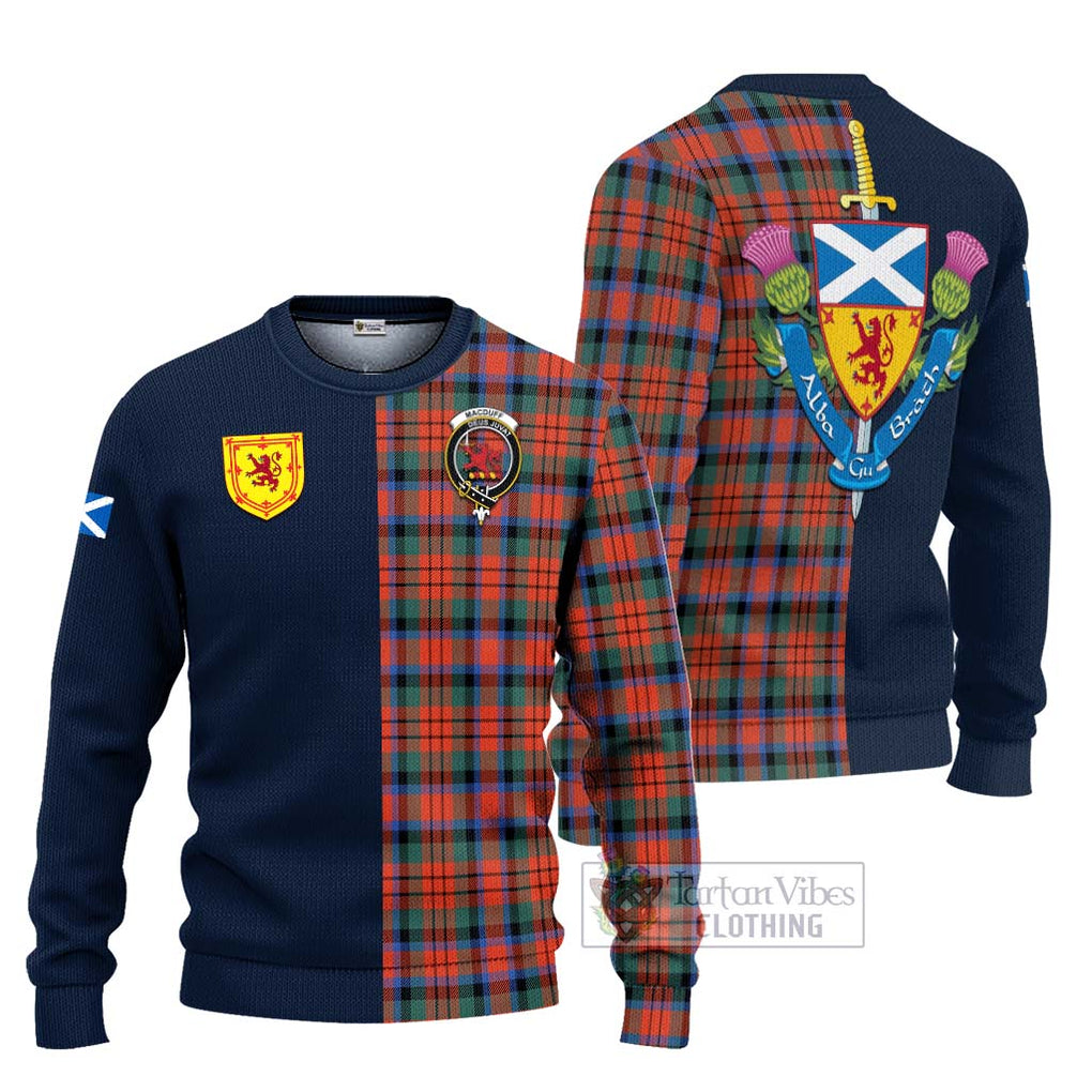 Tartan Vibes Clothing MacDuff Ancient Tartan Knitted Sweater with Scottish Lion Royal Arm Half Style