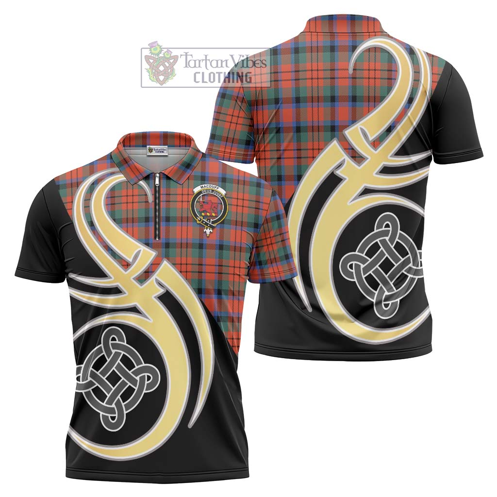 Tartan Vibes Clothing MacDuff Ancient Tartan Zipper Polo Shirt with Family Crest and Celtic Symbol Style