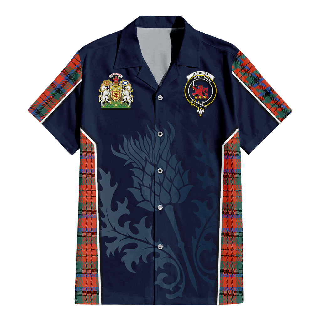 Tartan Vibes Clothing MacDuff Ancient Tartan Short Sleeve Button Up Shirt with Family Crest and Scottish Thistle Vibes Sport Style