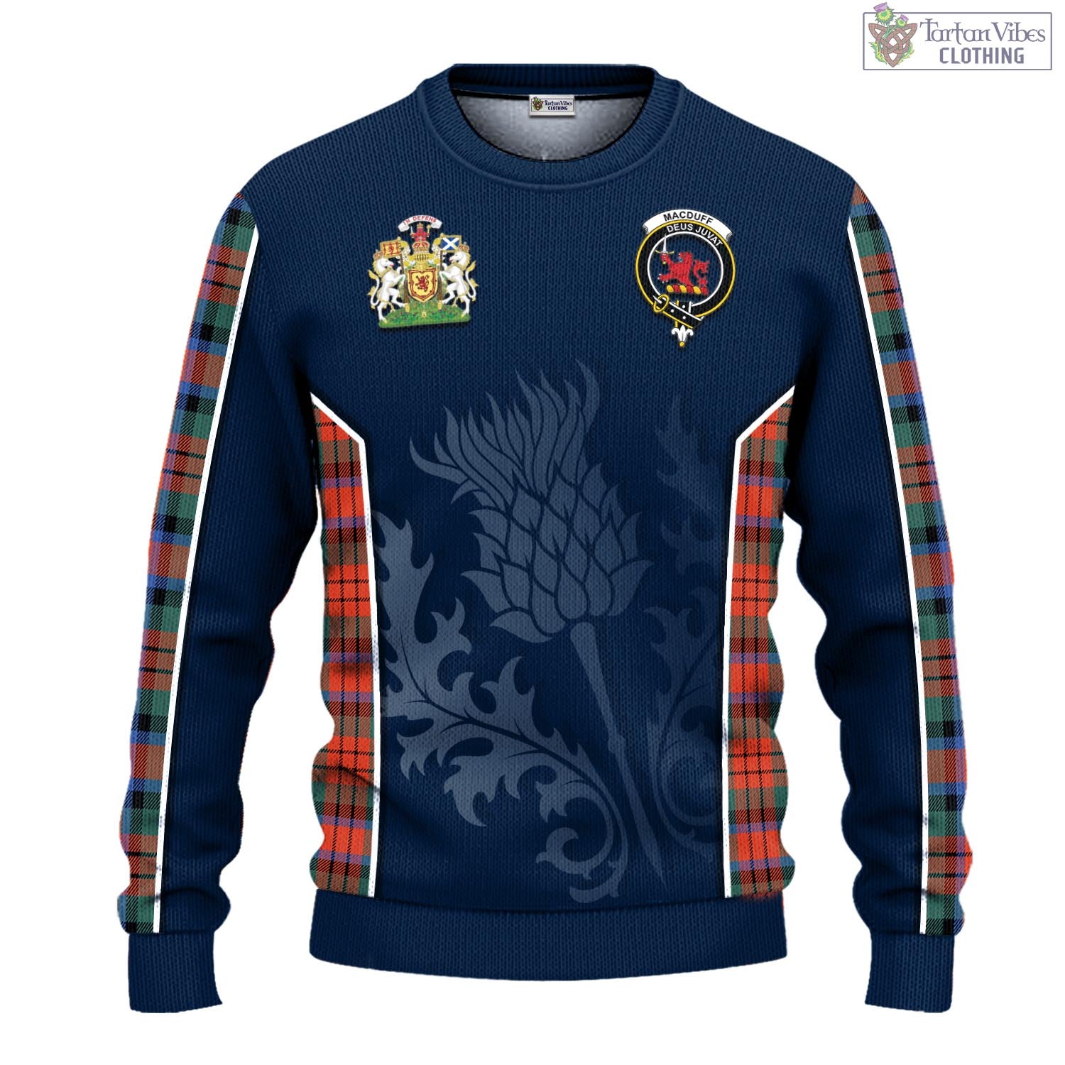 Tartan Vibes Clothing MacDuff Ancient Tartan Knitted Sweatshirt with Family Crest and Scottish Thistle Vibes Sport Style