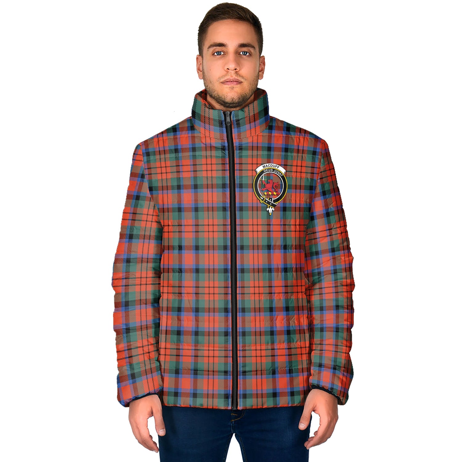 MacDuff Ancient Tartan Padded Jacket with Family Crest - Tartan Vibes Clothing