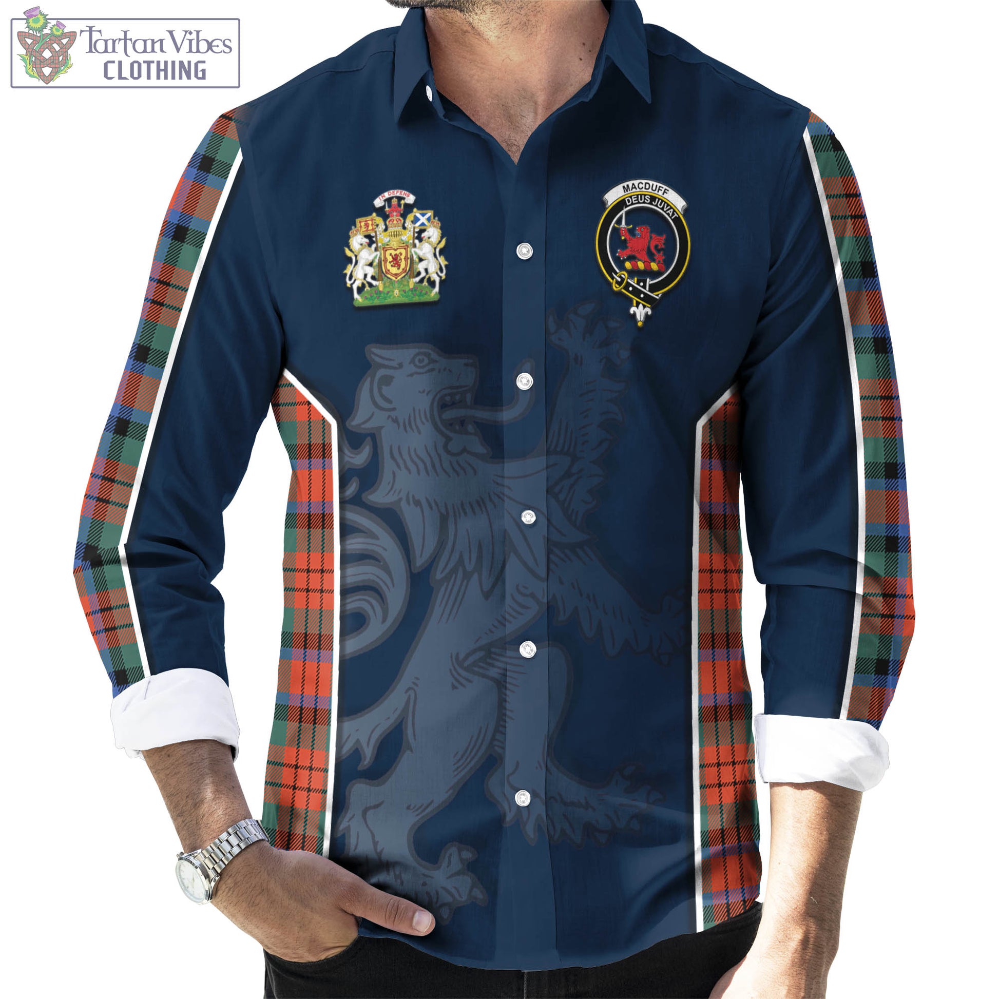 Tartan Vibes Clothing MacDuff Ancient Tartan Long Sleeve Button Up Shirt with Family Crest and Lion Rampant Vibes Sport Style