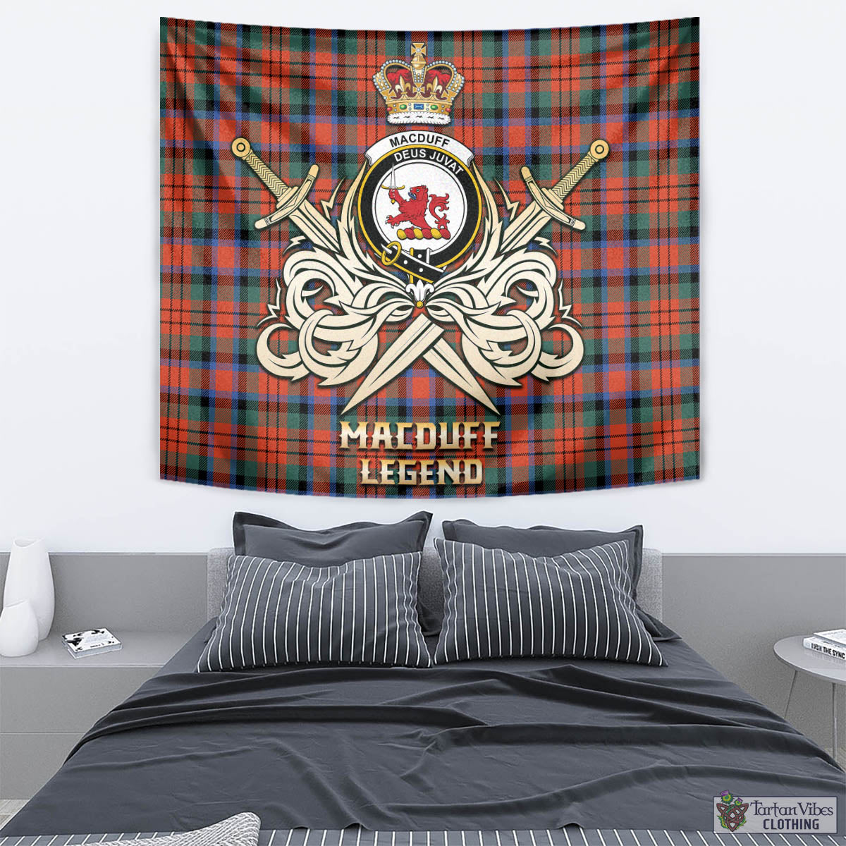 Tartan Vibes Clothing MacDuff Ancient Tartan Tapestry with Clan Crest and the Golden Sword of Courageous Legacy