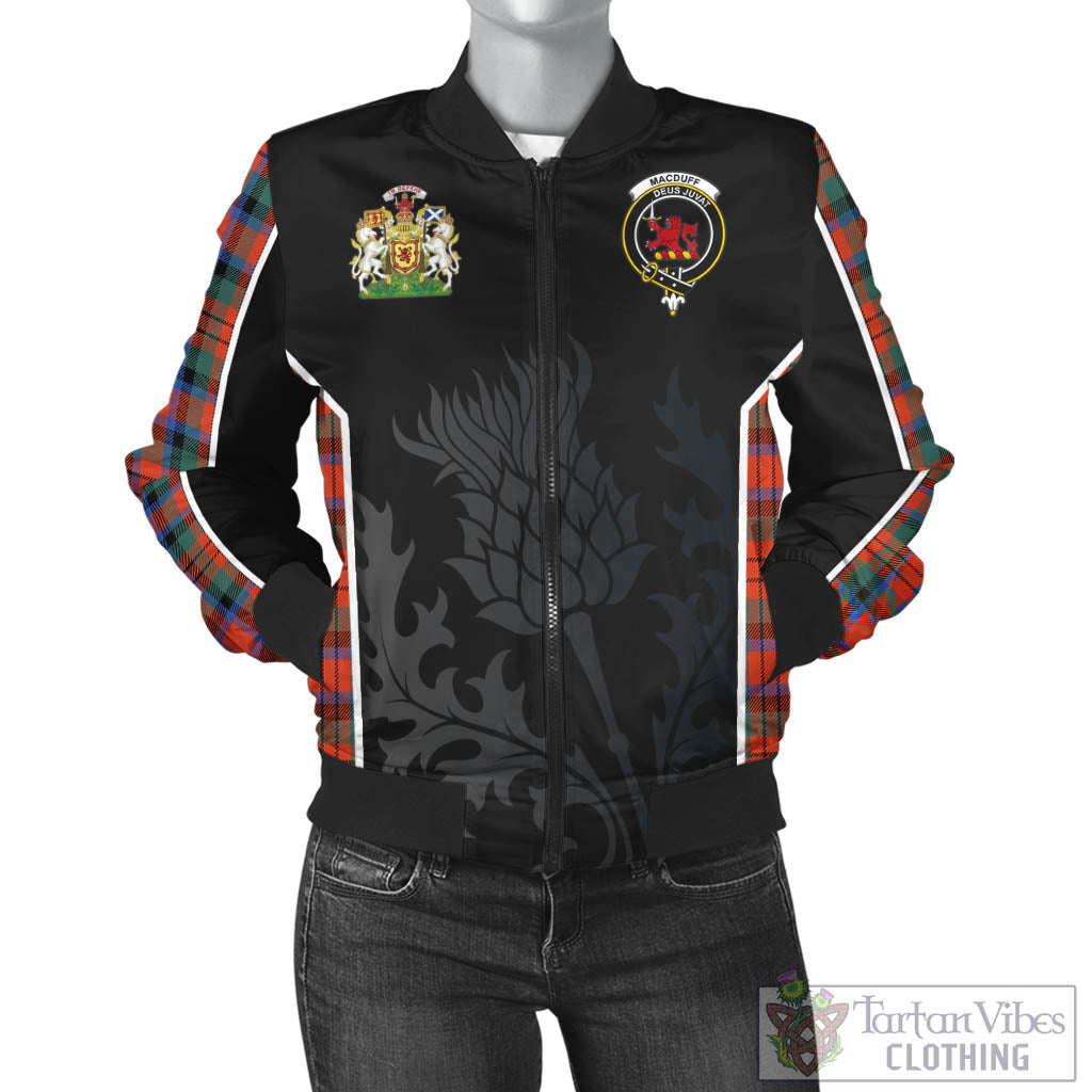 Tartan Vibes Clothing MacDuff Ancient Tartan Bomber Jacket with Family Crest and Scottish Thistle Vibes Sport Style