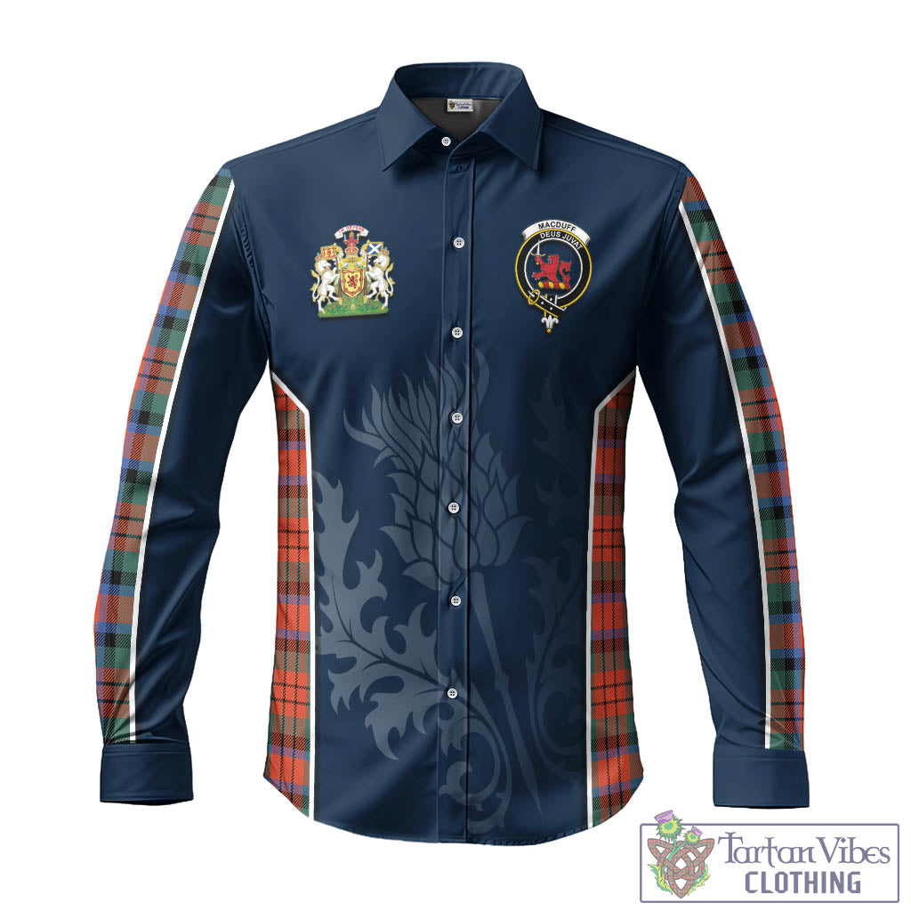 Tartan Vibes Clothing MacDuff Ancient Tartan Long Sleeve Button Up Shirt with Family Crest and Scottish Thistle Vibes Sport Style