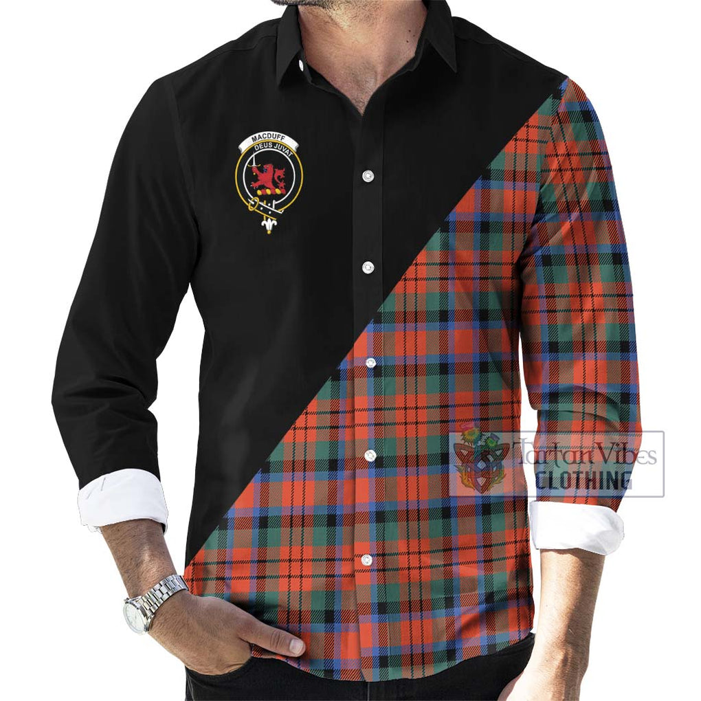 MacDuff Ancient Tartan Long Sleeve Button Shirt with Family Crest and Military Logo Style - Tartanvibesclothing Shop