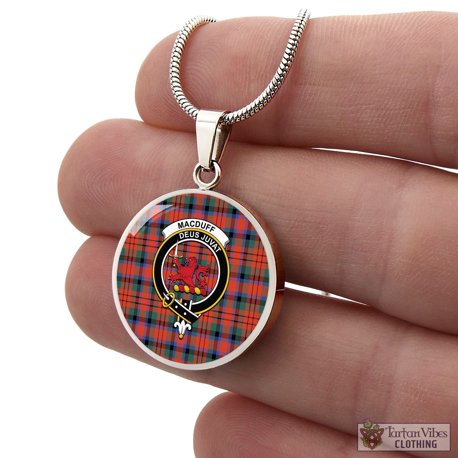 Tartan Vibes Clothing MacDuff Ancient Tartan Circle Necklace with Family Crest