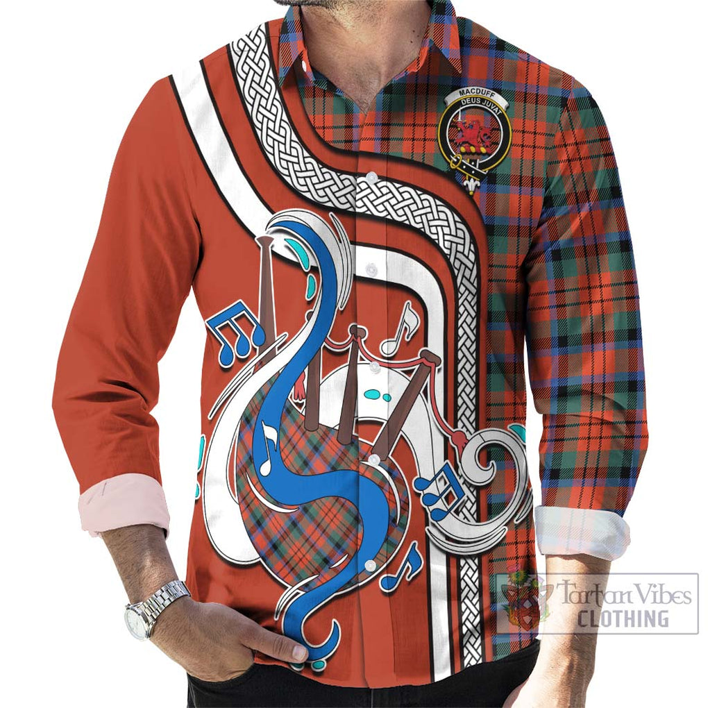 MacDuff Ancient Tartan Long Sleeve Button Shirt with Epic Bagpipe Style - Tartanvibesclothing Shop