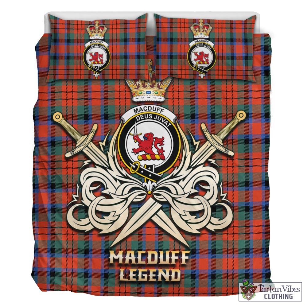 Tartan Vibes Clothing MacDuff Ancient Tartan Bedding Set with Clan Crest and the Golden Sword of Courageous Legacy