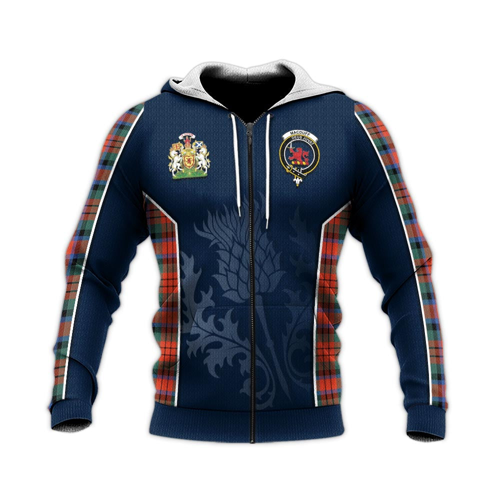 Tartan Vibes Clothing MacDuff Ancient Tartan Knitted Hoodie with Family Crest and Scottish Thistle Vibes Sport Style