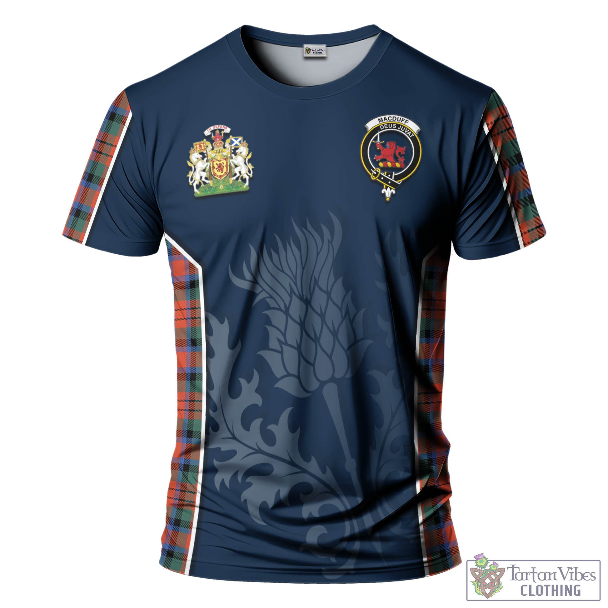 Tartan Vibes Clothing MacDuff Ancient Tartan T-Shirt with Family Crest and Scottish Thistle Vibes Sport Style