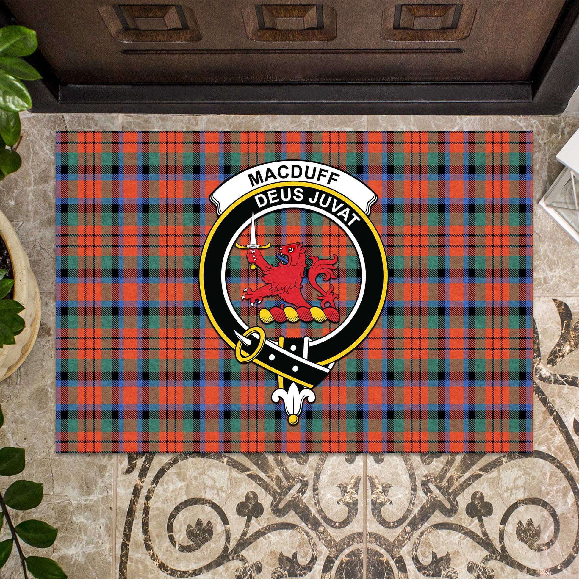 MacDuff Ancient Tartan Door Mat with Family Crest - Tartanvibesclothing