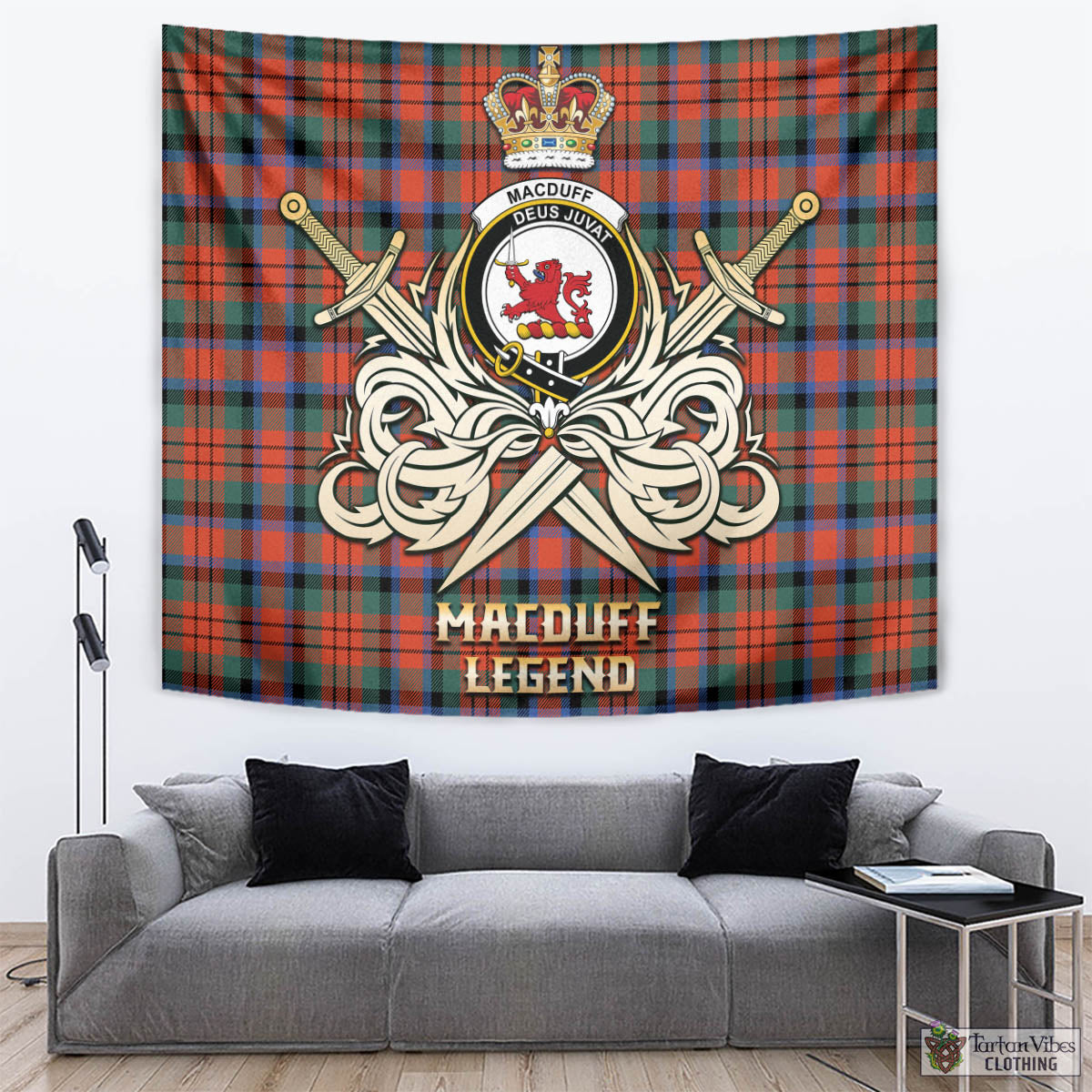 Tartan Vibes Clothing MacDuff Ancient Tartan Tapestry with Clan Crest and the Golden Sword of Courageous Legacy