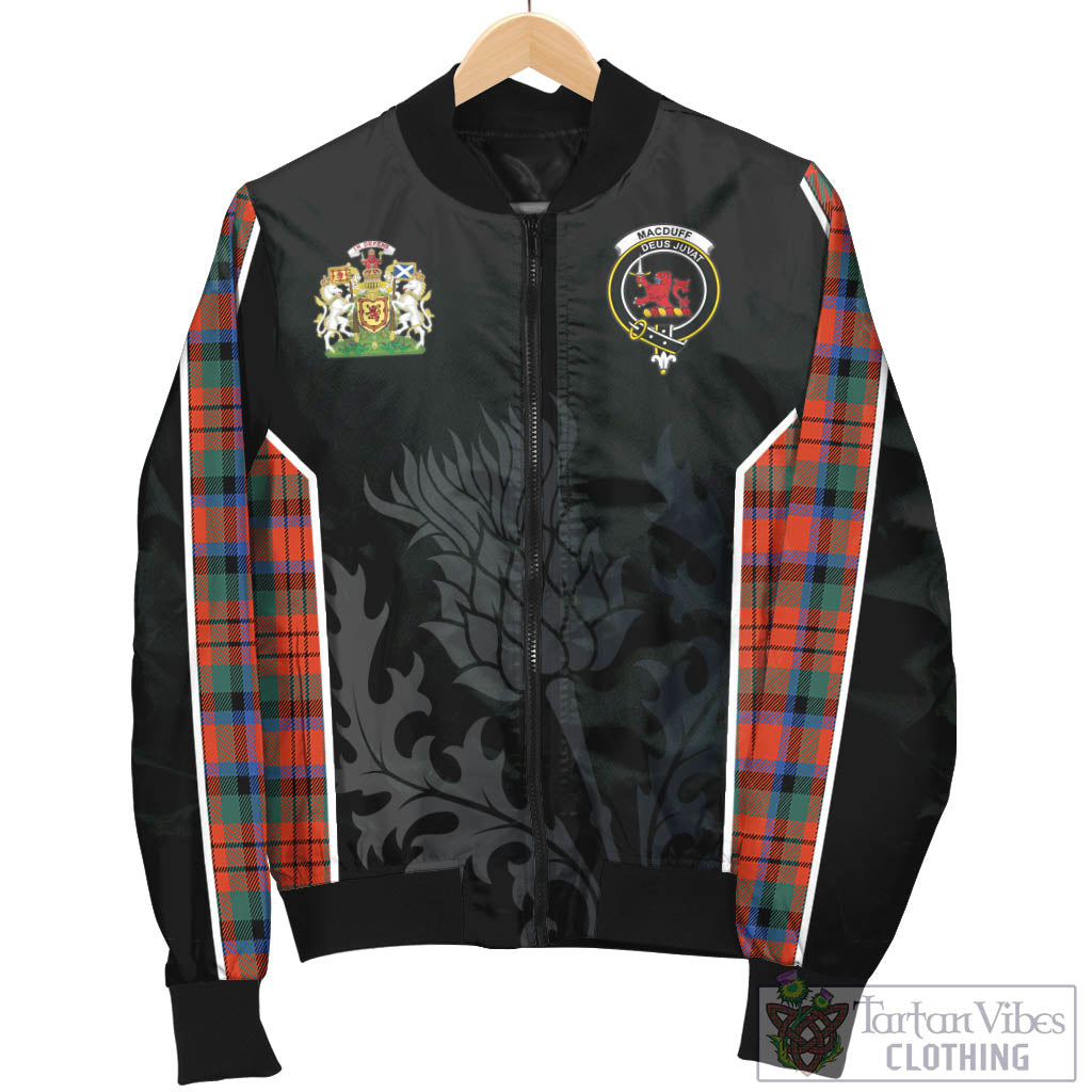 Tartan Vibes Clothing MacDuff Ancient Tartan Bomber Jacket with Family Crest and Scottish Thistle Vibes Sport Style