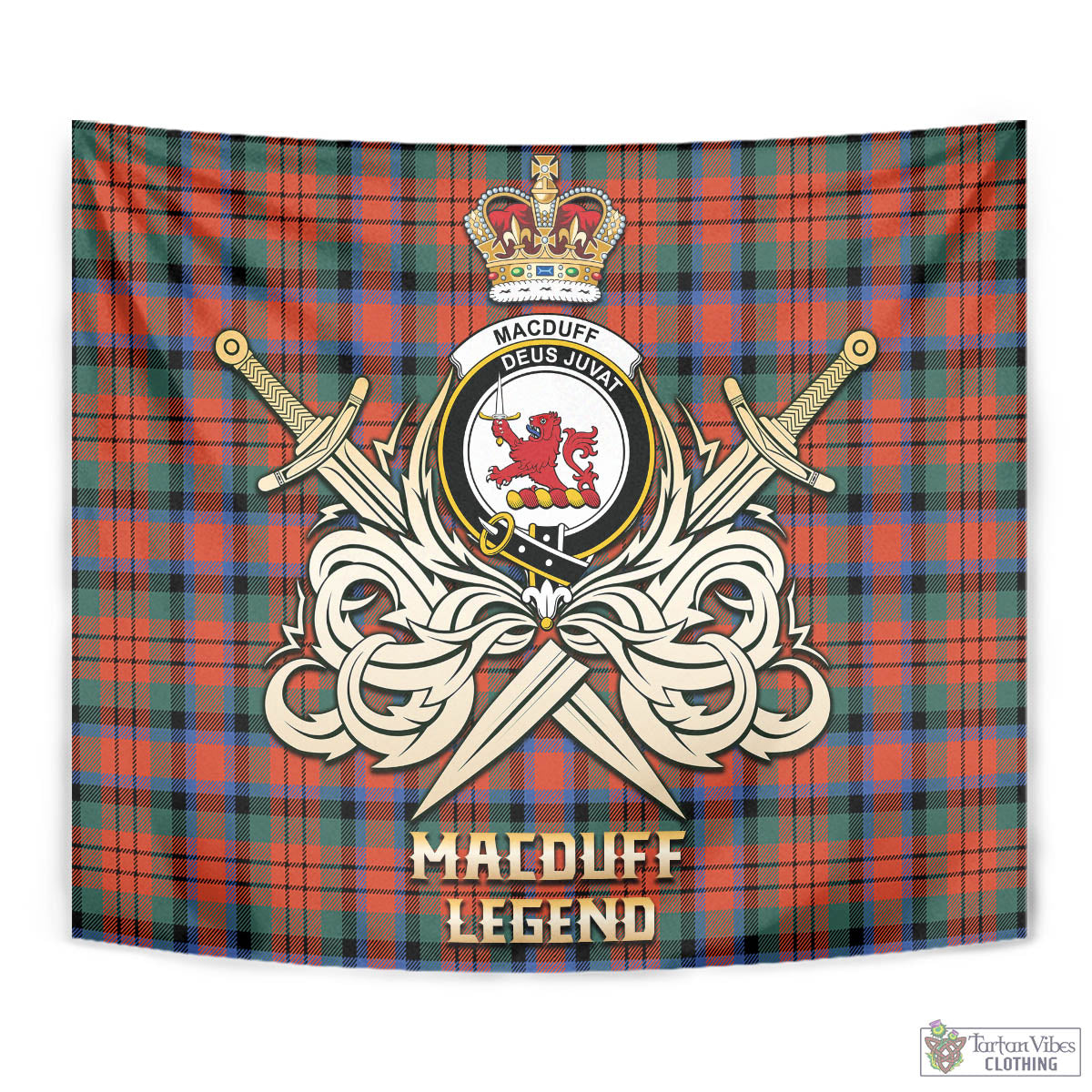 Tartan Vibes Clothing MacDuff Ancient Tartan Tapestry with Clan Crest and the Golden Sword of Courageous Legacy