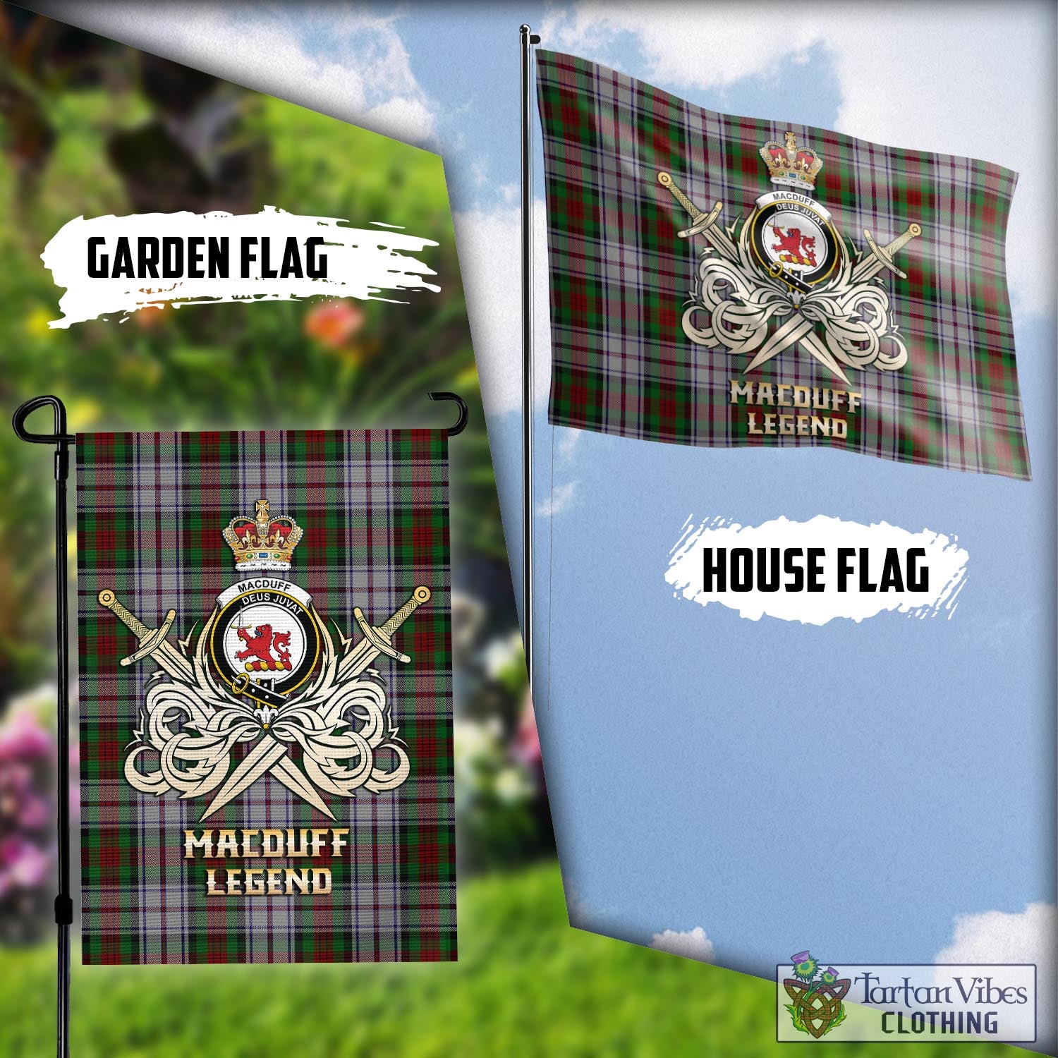 Tartan Vibes Clothing MacDuff Dress Tartan Flag with Clan Crest and the Golden Sword of Courageous Legacy