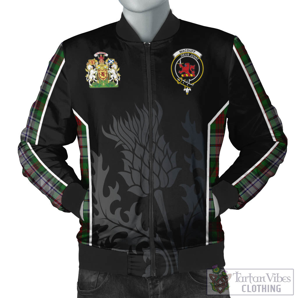 Tartan Vibes Clothing MacDuff Dress Tartan Bomber Jacket with Family Crest and Scottish Thistle Vibes Sport Style