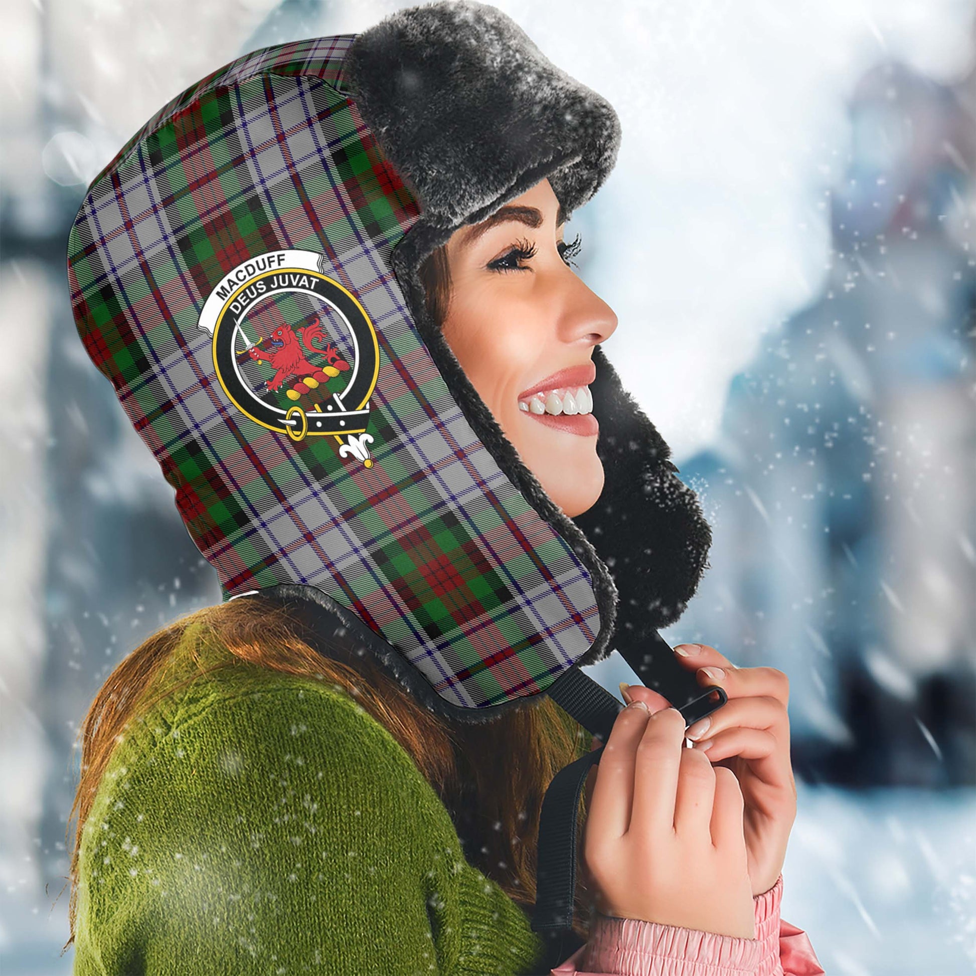 MacDuff Dress Tartan Winter Trapper Hat with Family Crest Winter Trapper Hat Universal Fit Circumference 22.8in (58cm) - Tartanvibesclothing