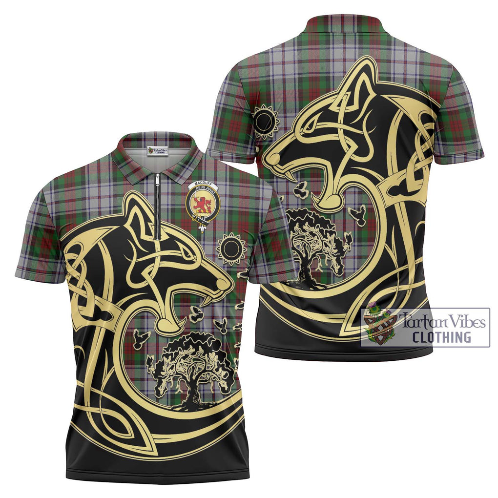 MacDuff Dress Tartan Zipper Polo Shirt with Family Crest Celtic Wolf Style Unisex - Tartanvibesclothing Shop