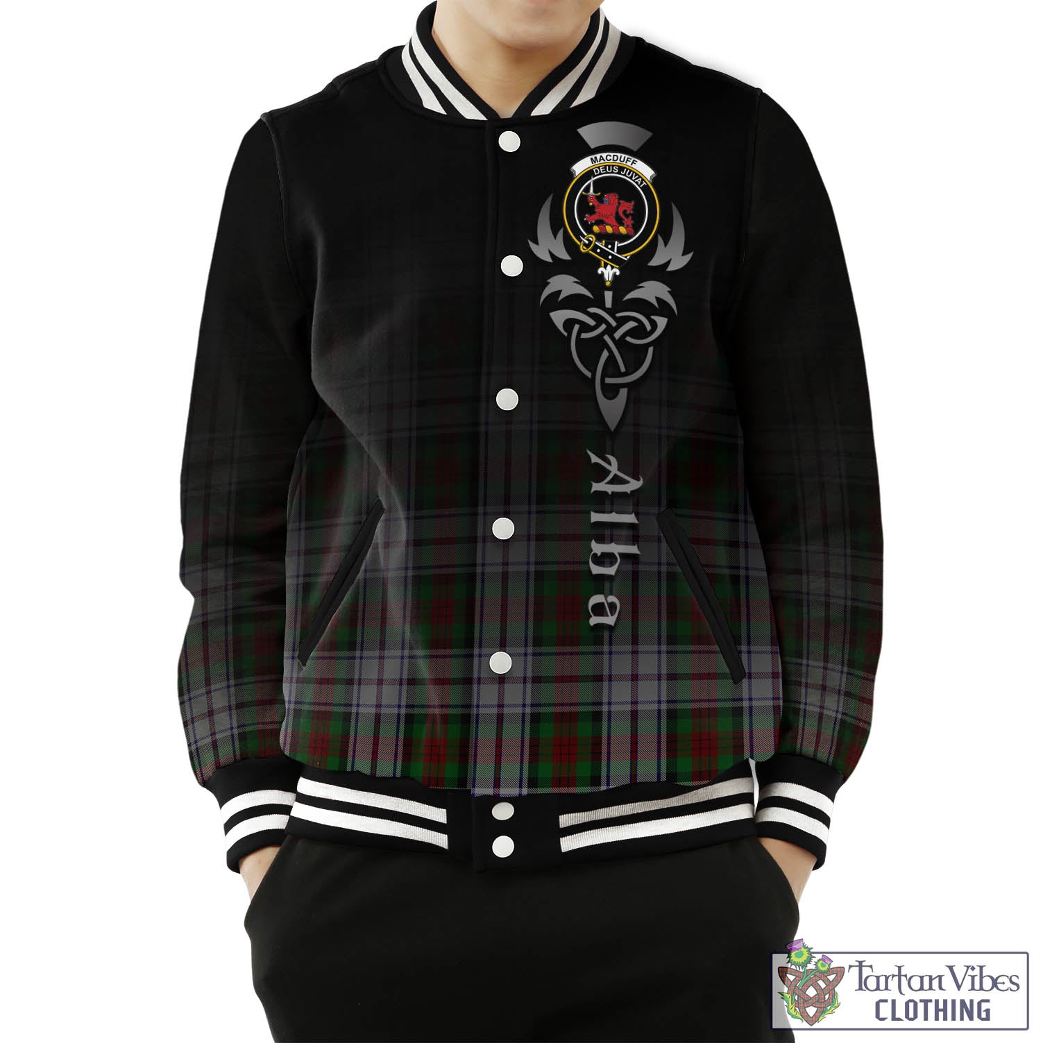 Tartan Vibes Clothing MacDuff Dress Tartan Baseball Jacket Featuring Alba Gu Brath Family Crest Celtic Inspired