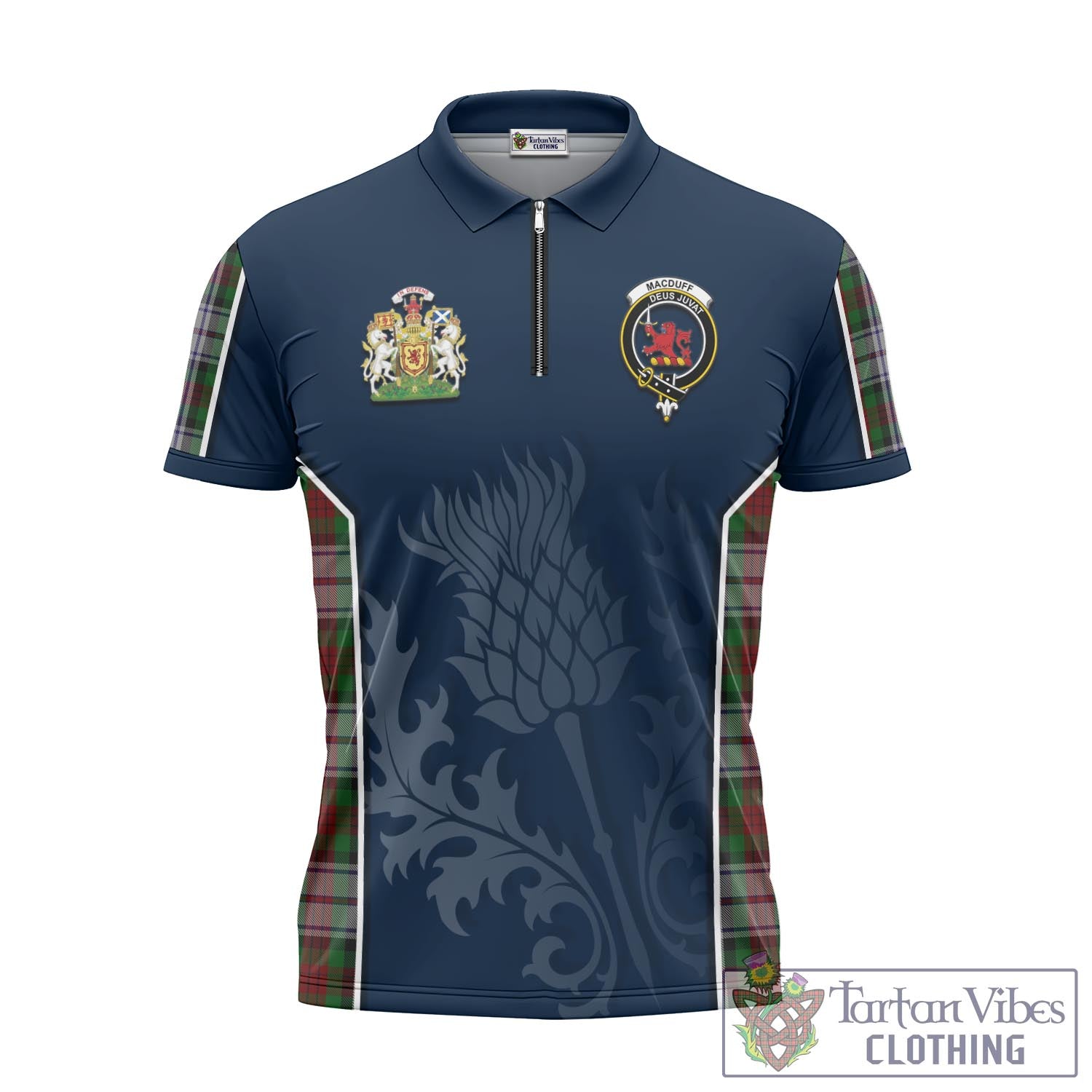 Tartan Vibes Clothing MacDuff Dress Tartan Zipper Polo Shirt with Family Crest and Scottish Thistle Vibes Sport Style