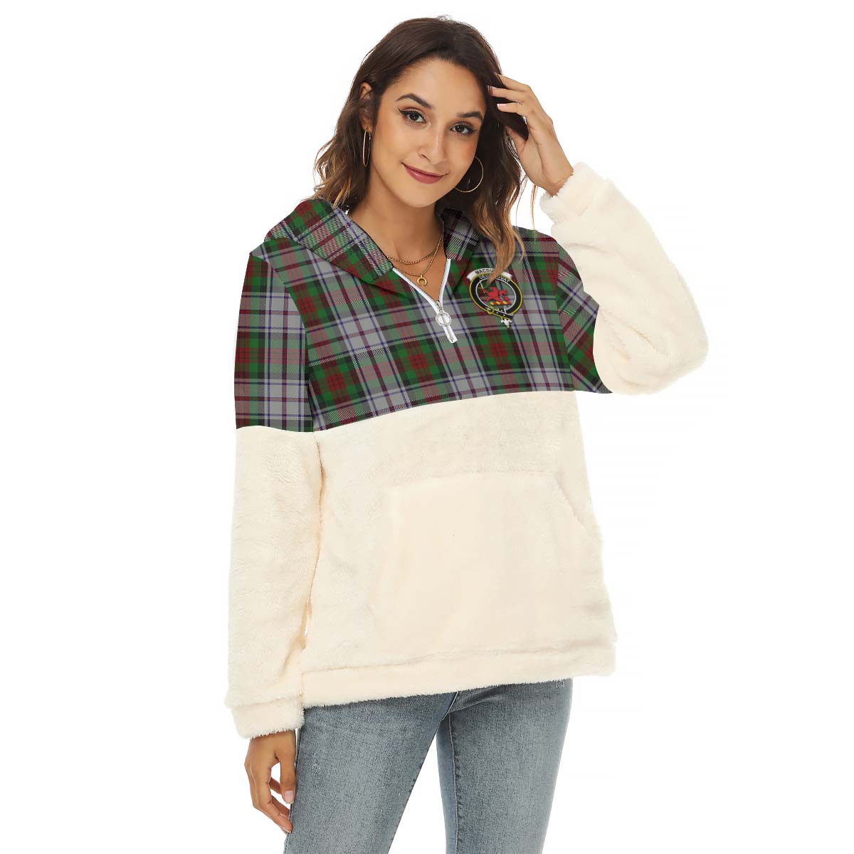 MacDuff Dress Tartan Women's Borg Fleece Hoodie With Half Zip with Family Crest Female - Tartan Vibes Clothing