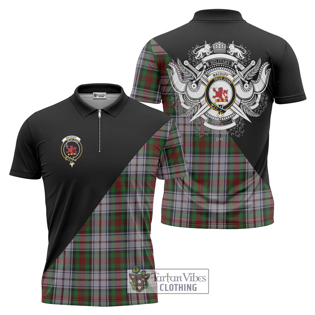 MacDuff Dress Tartan Zipper Polo Shirt with Family Crest and Military Logo Style Unisex - Tartanvibesclothing Shop