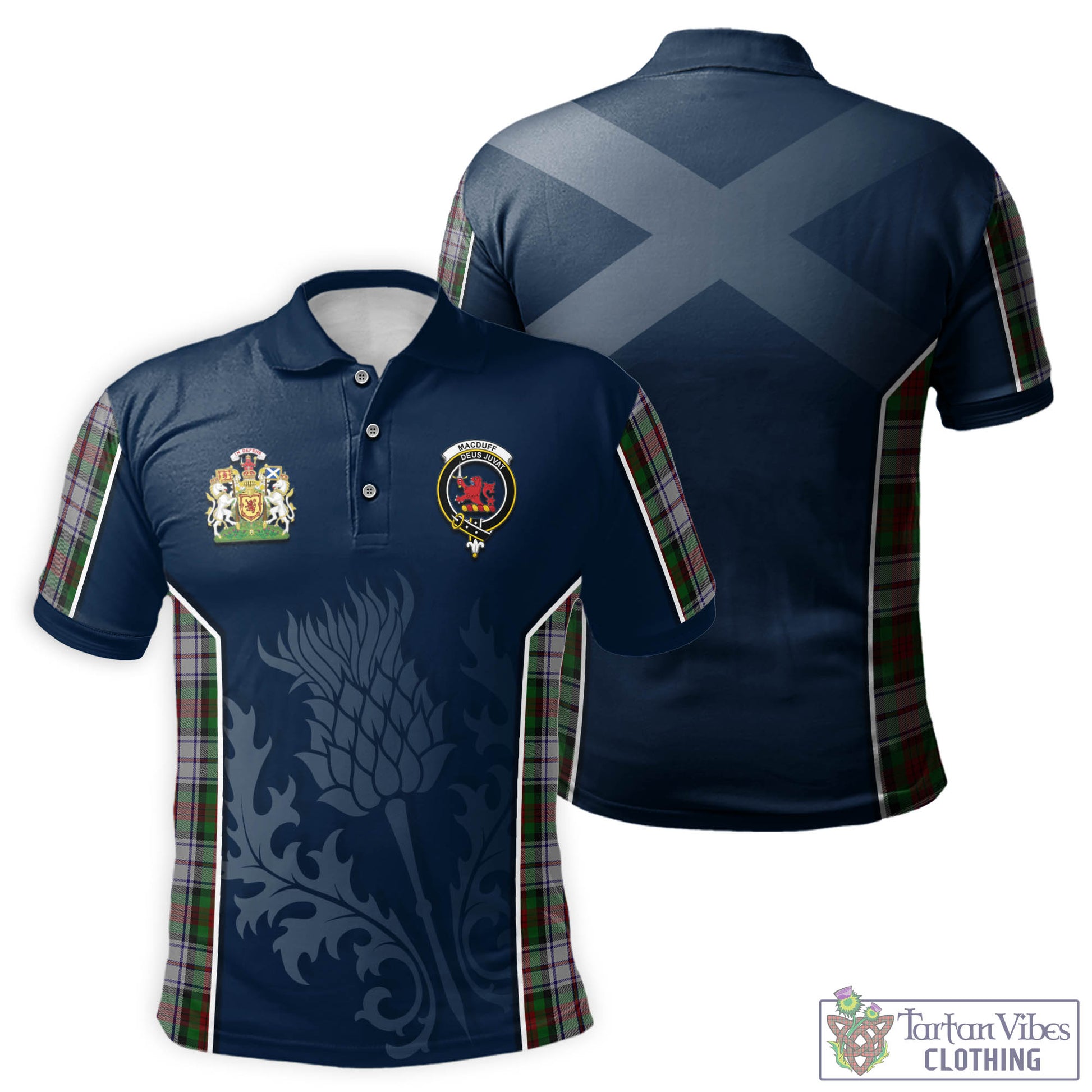 Tartan Vibes Clothing MacDuff Dress Tartan Men's Polo Shirt with Family Crest and Scottish Thistle Vibes Sport Style