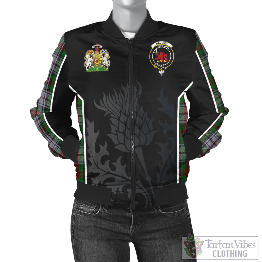 Tartan Vibes Clothing MacDuff Dress Tartan Bomber Jacket with Family Crest and Scottish Thistle Vibes Sport Style