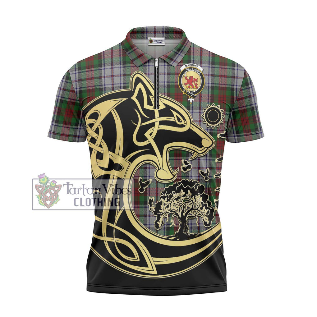 MacDuff Dress Tartan Zipper Polo Shirt with Family Crest Celtic Wolf Style - Tartanvibesclothing Shop