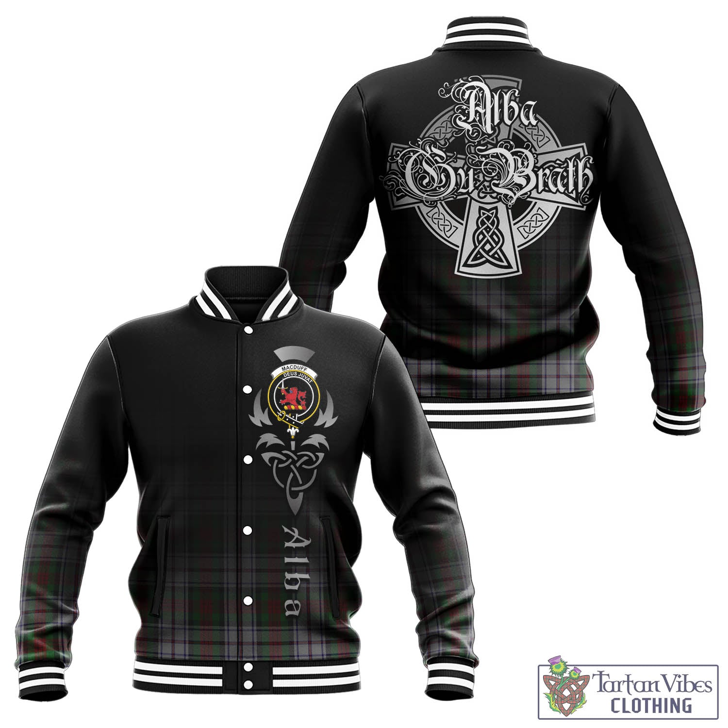 Tartan Vibes Clothing MacDuff Dress Tartan Baseball Jacket Featuring Alba Gu Brath Family Crest Celtic Inspired