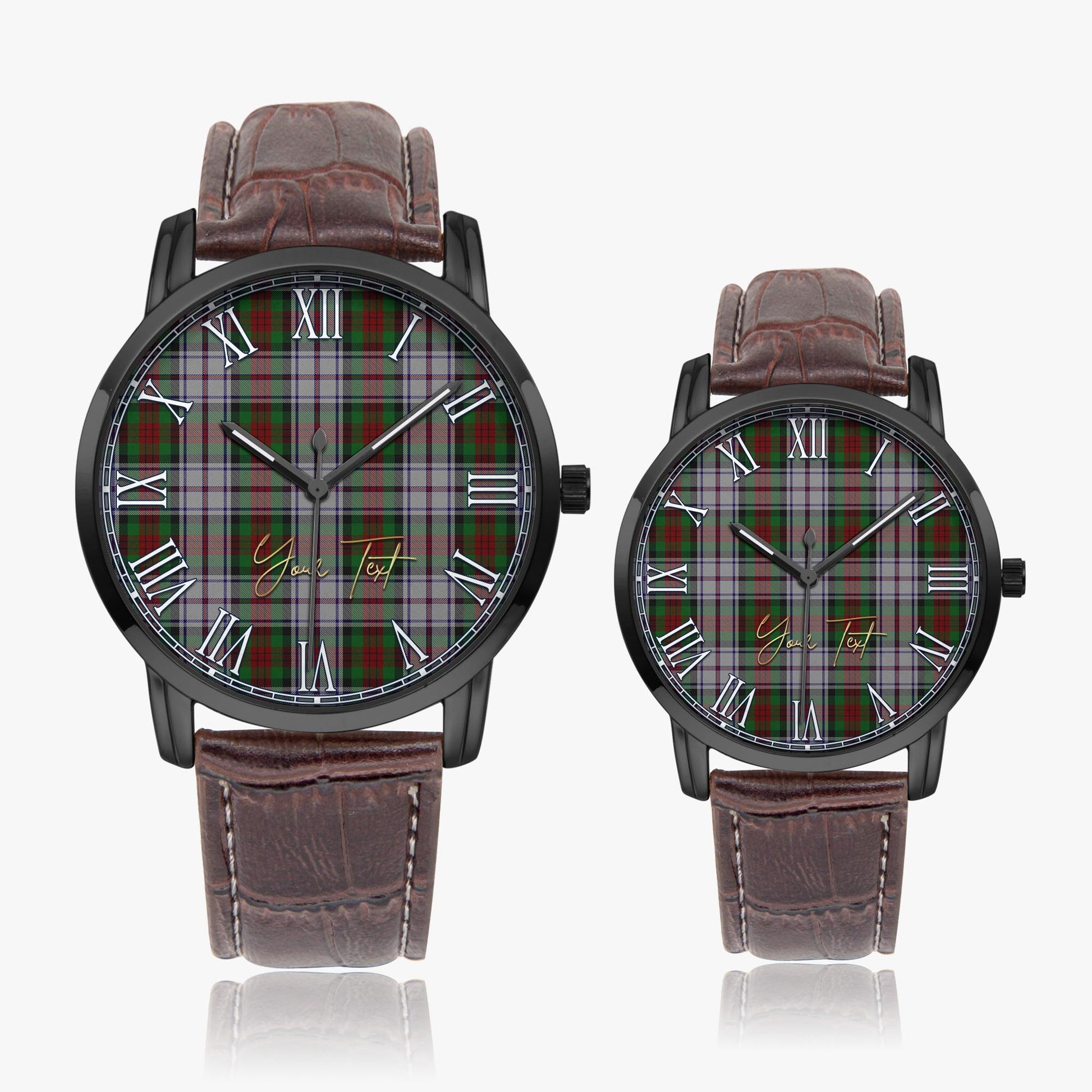 MacDuff Dress Tartan Personalized Your Text Leather Trap Quartz Watch Wide Type Black Case With Brown Leather Strap - Tartanvibesclothing