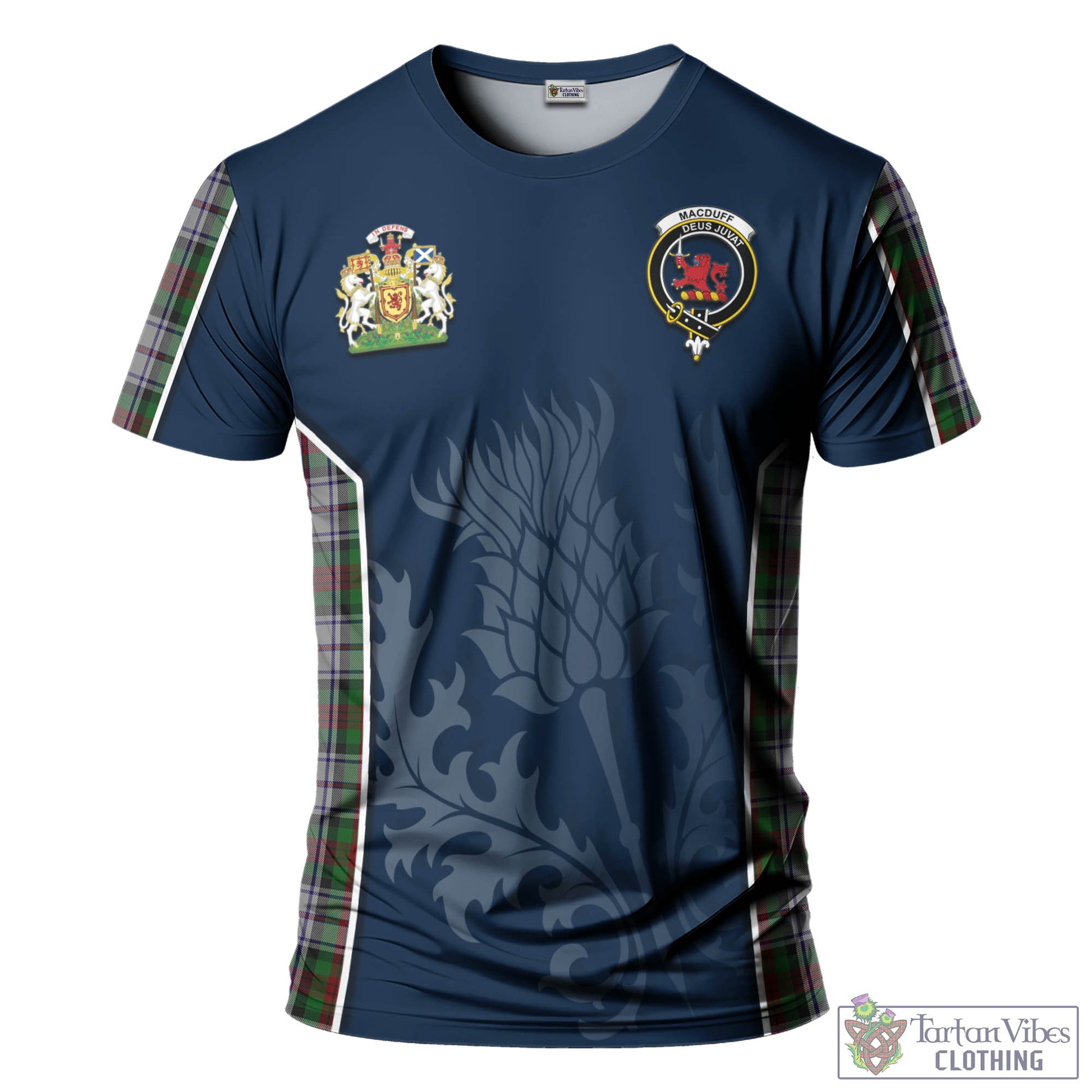 Tartan Vibes Clothing MacDuff Dress Tartan T-Shirt with Family Crest and Scottish Thistle Vibes Sport Style