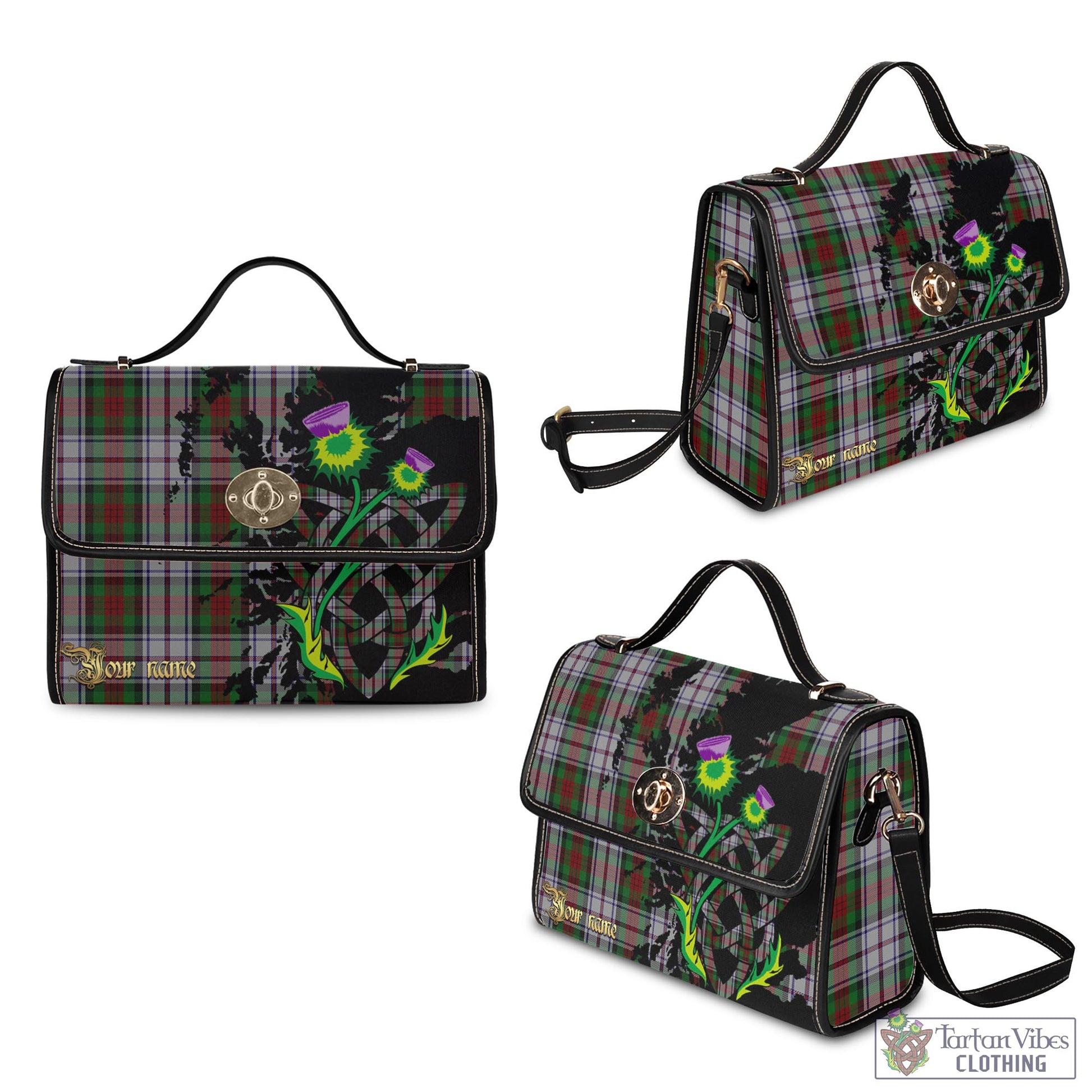 Tartan Vibes Clothing MacDuff Dress Tartan Waterproof Canvas Bag with Scotland Map and Thistle Celtic Accents