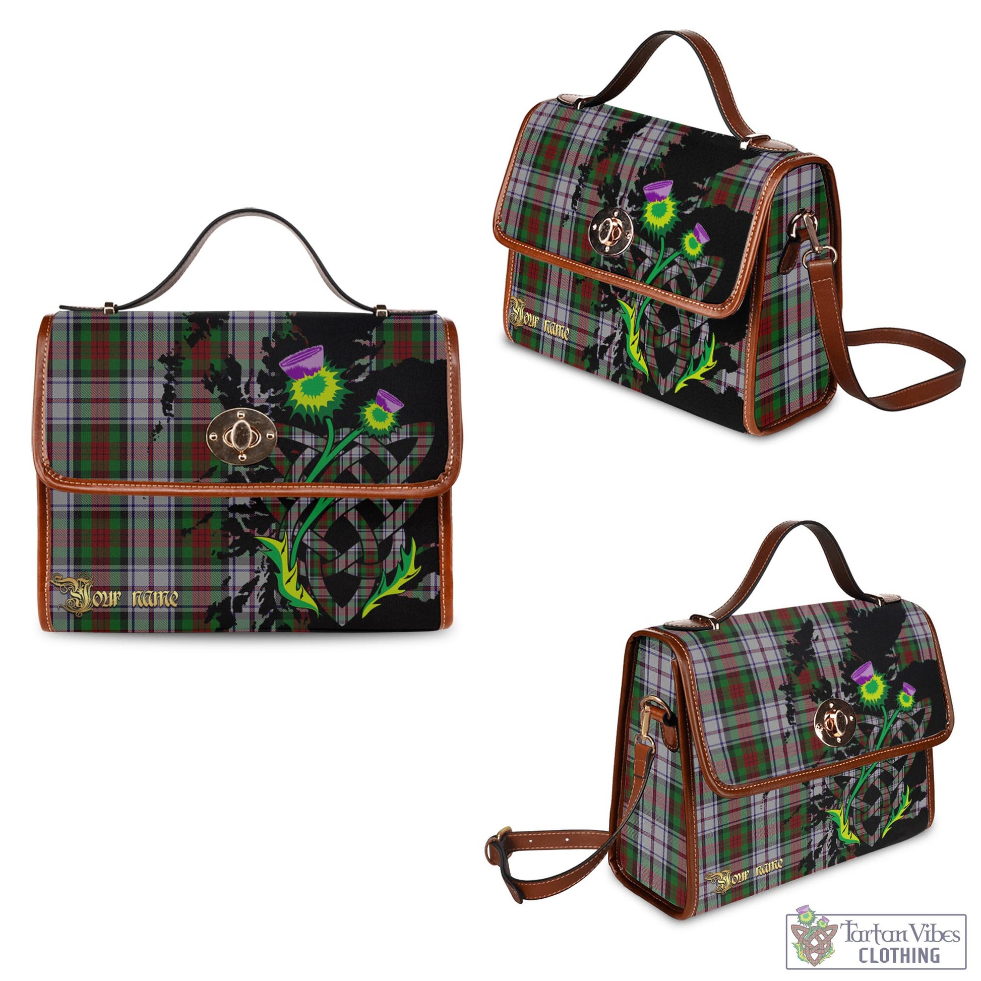 Tartan Vibes Clothing MacDuff Dress Tartan Waterproof Canvas Bag with Scotland Map and Thistle Celtic Accents